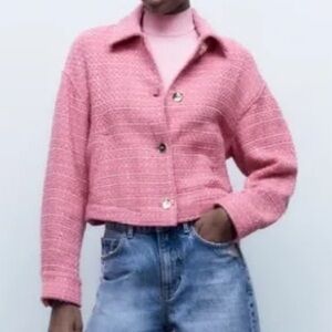 ZARA PINK TWEED‎ SEQUINED GOLD METALLIC THREAD BLAZER JACKET